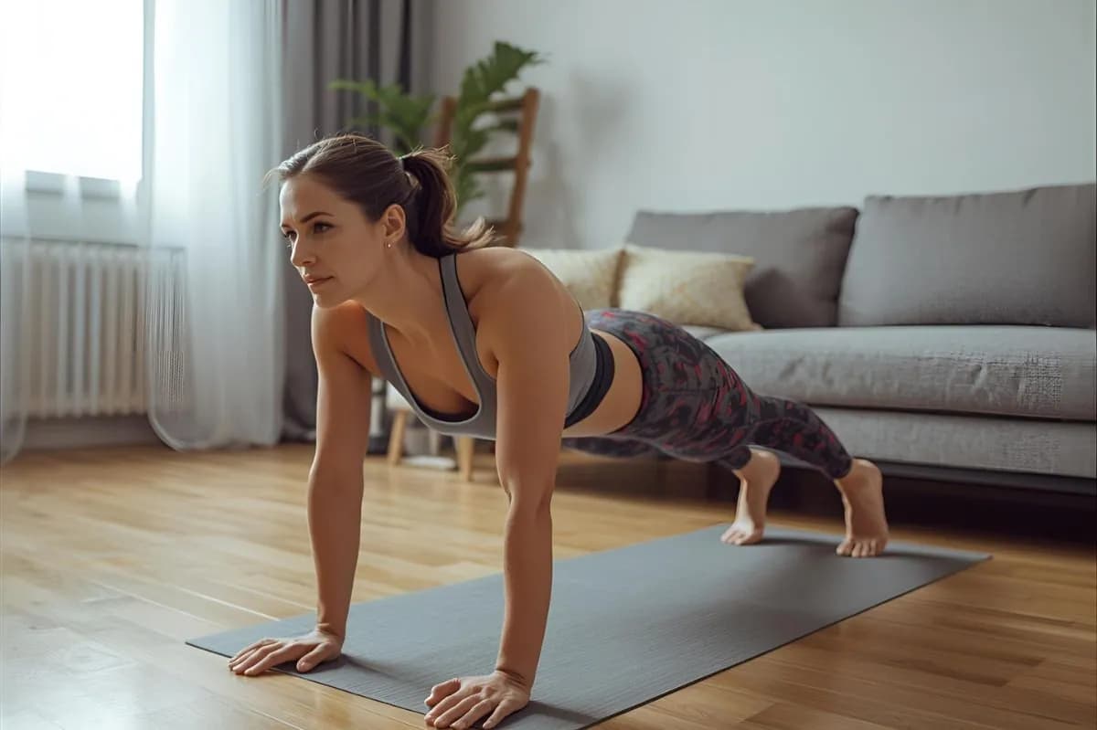 Woman holding a plank on an exercise mat in her living room
