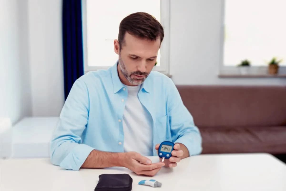 Man checking his blood sugar with a glucose meter at home